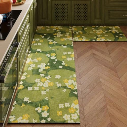 Alfombra Cocina 50X80Cm Verde Blanca Alfombra Vinilica Cocina Cuero,Modernas Lavable Antideslizante Anti Fatiga para Pasillo, Comedor,Hogar Alfombrilla Cocina
