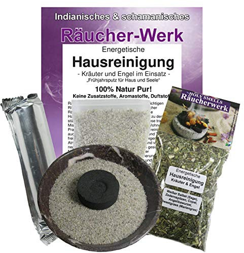 Energetische Hausreinigung KRÄUTER & Engel zum RÄUCHERN + AUSRÄUCHERN von Haus & Wohnung. 5-TLG Set 10cm Räucherschale + ZUBEHÖR. 81084