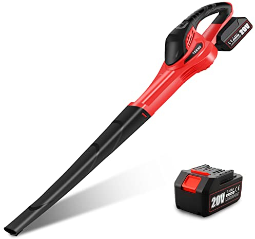 TEENO 300W Strumenti Soffiatore di Fogli Senza Fili 20V con Batteria 3,0Ah e Caricabatterie Incluse | Velocità Aria Regolabile Fino a 288 km/h | 13000 RPM | Design Rosso | Strumento Giardino Elettrico