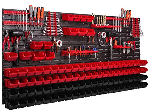 172 x 78 cm XXL Systemregal Wandregal Stapelboxen Werkzeugwand Werkzeughalter Sichtlagerkästen Kunststoff rot schwarz (101 Boxen schwarz / rot)