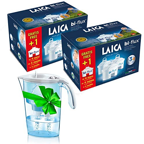 Laica 6 Pack depuradora 2 litros bi-Flux Que mejoran el Sabor del Agua, reducen la Cal y el Cloro, compatibles Brita Entre Otras. Cada Dura 150 litros o 1 Mes, Blanco, 8 filtros + Jarra de Regalo