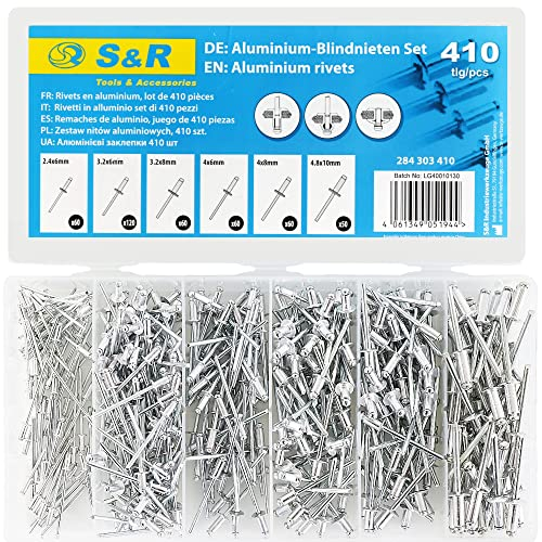 S&R Set di 410 Rivetti Ciechi in Alluminio, Kit Rivetti 2,4 x 6 mm, 3,2 x 6 mm, 3,2 x 8 mm, 4 x 6 mm, 4 x 8 mm, 4,8 x 10 mm. Assortimento Rivetti per Pinza Rivettatrice Manuale.