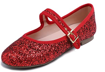 Feversole Women's Soft Breathable Mary Jane Memory Foam Cushioned Comfort Round Toe Metal Buckle Flats Walking Shoes Red Glitter Size UK 7