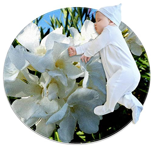 WALLDOR Small Area Rugs Bathroom Rugs White Oleander Non-Slip Throw Rug Floor Carpet Door Mat for Sofa Bedroom Nursery Decor, (Round - 2.2ft Diameter)