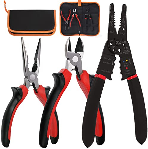 Keadic 3pcs Professional Pliers Set with 6 Needle Long Nose Pliers, 6 Diagonal Cutting Pliers and 8 10-22 AWG Wire Stripper and Cutter, Multifunctional for Cutting Crimping Repairing