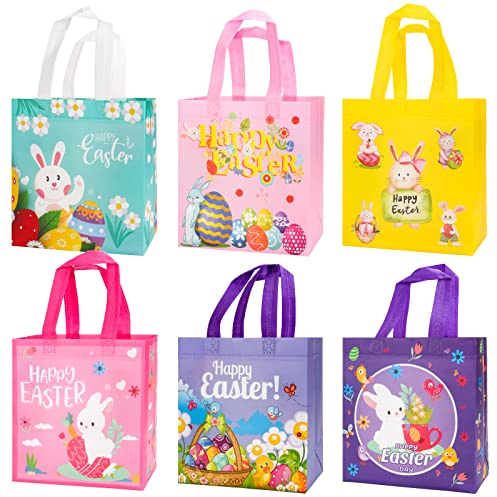 6 Stück Ostergeschenktüten mit Henkel, Wiederverwendbare Geschenktüte mit Hasen, Vliesstoff-Tragetaschen, Wasserdichte Ostertüte für Ostergeschenke, Ostertüten für Kinder Osterparty (22 x 23 x 11 cm)