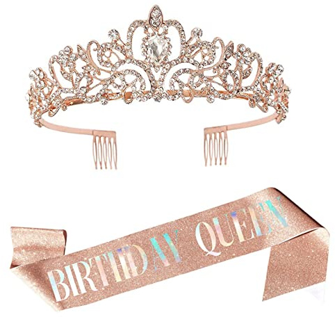 Kit de banda y tiara de estrás de reina de cumpleaños - Regalos de cumpleaños para mujeres - Banda y suministros de fiesta (oro rosa)