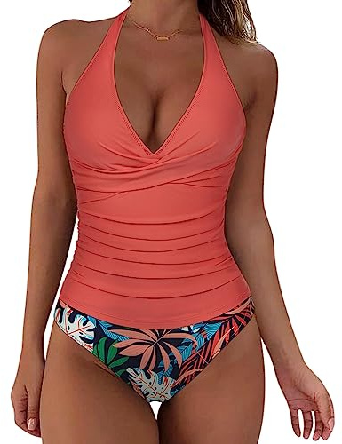 SUUKSESS Women Sexy Halter Tankini Bathing Suits Slimming Tummy Control High Waisted Swimsuits 2 Piece (Coral Pink Leaf, M)