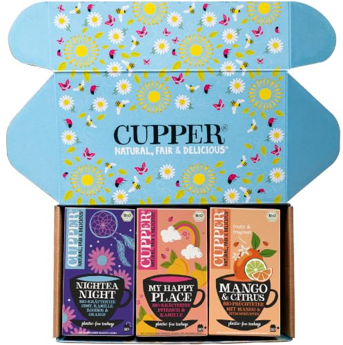 Cupper Bio Tee Set Neuheiten, Tee Geschenkset, Früchtetee, Kräutertee, drei verschiedene Sorten, 60 ungebleichte, plastikfreie Teebeutel, 3er Pack | Neue Früchte- & Kräutertees | plastikfrei | fair gehandelt | ideales Tee-Geschenk