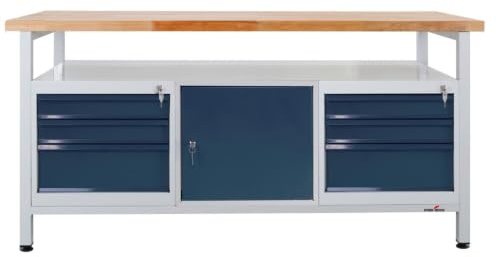 Steinbock Werkbank 6 Schubladen + Tür + Boden | 170x84x60 cm | 500 kg | Grau | 500 kg Tragkraft | 4 cm geölte Massivholz-Arbeitsplatte aus Buche | stabiles Stahlgestell | Werktisch | Made in EU