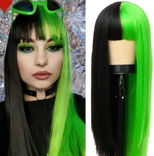 Salaibs Pelucas verdes y negras con flequillo para mujer, peluca larga y recta, sintética, natural, punk, para uso en fiestas de Halloween