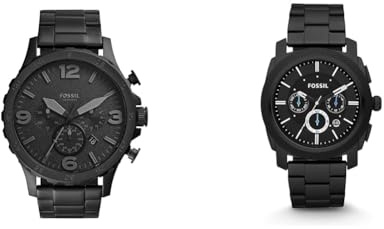 Fossil Nate Uhr für Herren, Quarzwerk Chronograph mit Edelstahl- oder Lederarmband, Dunkelgrau, 50MM & Machine Uhr für Herren, Chronographenwerk mit Edelstahl- oder Lederarmband, Tiefschwarz, 45MM