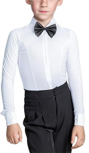 BK FASO Boys Latin Modern Dance Shirt Bodysuit Leotard Salsa Tango Ballroom Lapel Romper Tops with Bow Tie, 170CM