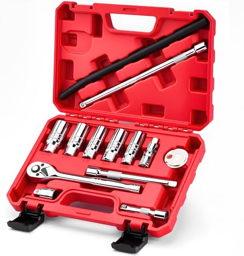 13pc 3/8 Spark Plug Socket Set with Installation Tube, 3/8 Drive Ratchet Wrench,3 Extension Bars(3,6,10)，Spark Plug Socket Sets, Gap Tool, U Joint,1/2 to 3/8 Adapter (13pcs)