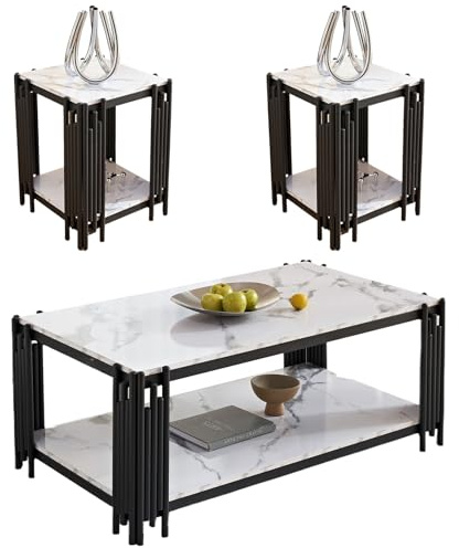 Pvillez Elegant Marble Coffee Table Set of 3 White Faux Marble Coffee Table End Table Set w/Black Metal Frame 3 Piece Living Room Table Set with 1 Rectangle Coffee Table & 2 Square Side Table