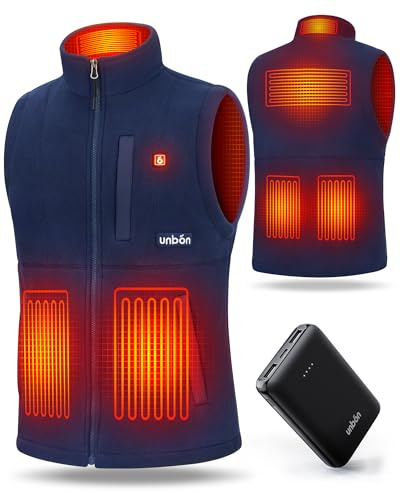 UNBON Heizweste Herren Damen, Beheizbare Weste Herren Damen mit Powerbank USB 10000mAh, Heizweste Wärmeweste Fleece mit Akku, Beheizte Weste mit 3 Temperaturen 6 Heizzone, Beheizbare Jacke, Blau, XL