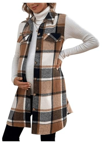 MakeMeChic Women's Maternity Vest Outerwear Plaid Print Collared Button Down Pregnancy Midi Coat Brown Large