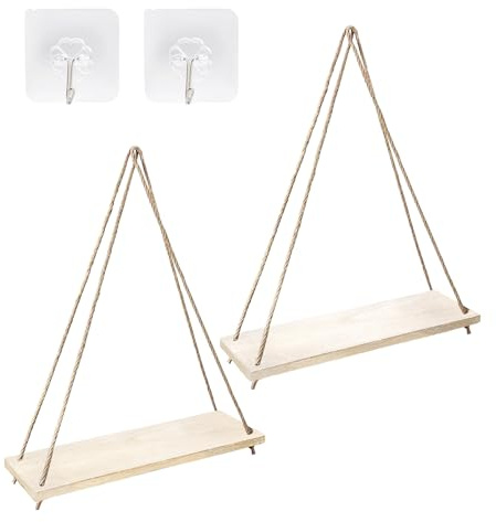 Chihutown Holz Hängeregale für die Wand, 2er-Set Boho Regal, Wand-Hängeregal, Fenster Pflanzenregale, Schwebende Wandregale für Wohnzimmer Schlafzimmer Badezimmer Küche (Natur)