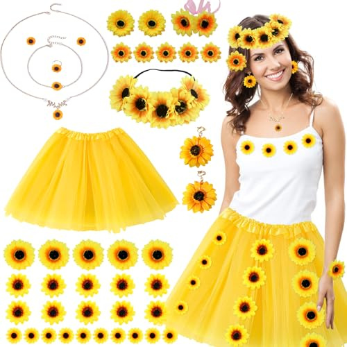 Carreuty Sonnenblumen Halloween Kostüm, 40 Stück Sonne Blumen Kostüm Damen mit Tüllrock Anhänger Ohrringe Haar Accessoire für 70er, 80er Jahre Karneval Halloween Fasching Mottoparty Cosplay