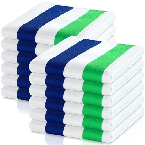 Xinnun 12 Packs Towel Set Bath Towel Swim Towel Beach Towel Oversized 28 x 60 Inch Highly Absorbent Pool Towel for Adult and Kid for Swim Bath Travel Beach Pool (Blue, Green and White Stripes)