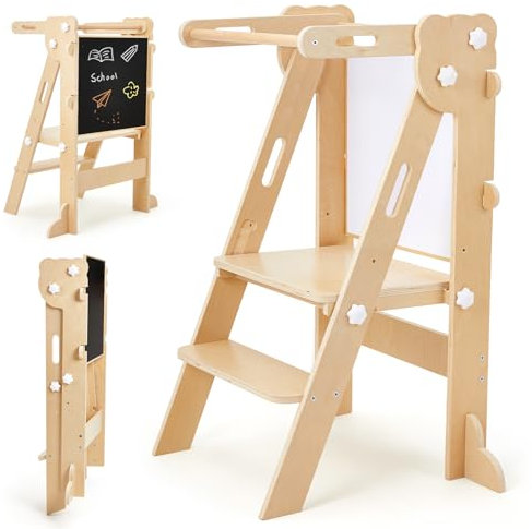 labebe Klappbar Lernturm für Kinder, Montessori Learning Tower mit Zweiseitige Tafel, 3 in 1 Einstellbare Höhe und Breite Lerntower, Multifunktion Lernturm ab 1 Jahr für Küche（Holz）