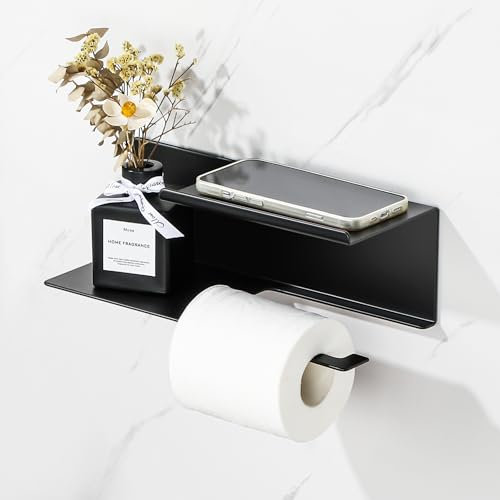 SAYAYO Porte Papier Toilette Mural avec Tablette sans Perçage, Derouleur Support Papier Toilette avec Étagères Spacieuses en Haute Qualité Aluminium, Auto-adhésif, Noir Mat