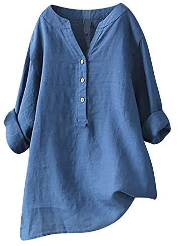 Camiseta Mujer Lino Algodón Manga Larga Camisa Ligero Primavera Verano Moda Casual Cuello en V Botones Color sólido Suelto Cómodo Tops T-Shirt Basic tee Talla Grande Transpirable Blusa 2025