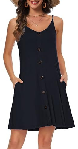 Koerye Robe D'été Femme Bretelles Spaghetti de Plage Robes Boutonné Col en V Décontracté Courte Plage Robe avec Poches Noir,M