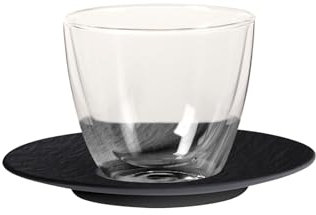 Villeroy & Boch Manufacture Rock Kaffee-Set, 2-teilig, Doppelwandiger Becher 250 ml mit Untertasse ø 15 cm, Hitzebeständiges Thermoglas, Borosilikatglas/Premium Porzellan, Schwarz