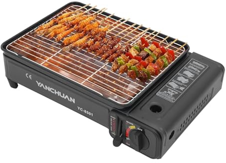 Gasgrill Camping Grillset BBQ-Grill für Outdoor-Kochen für Kartuschen Camping oder Heckklappe mit Grillrost Rost Grillplatte Campingkocher tragbarer Gasgrill Gasbrenner mit Koffer
