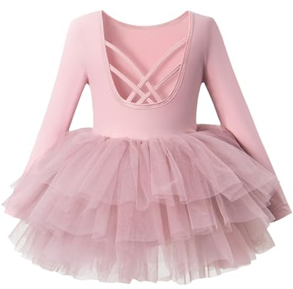 Little Girls Ballet Tutu Dresses Long Sleeve with Criss-Cross Back Skirted Dance Dress Ballerina Outfits Dirty 4-5T