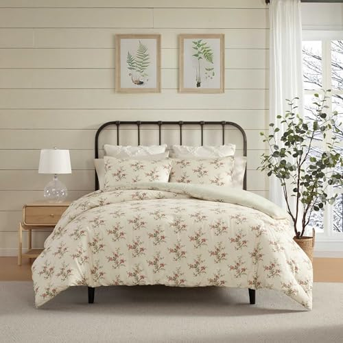 Laura Ashley - King Comforter Set, Reversible & Naturally Soft Cotton Flannel Bedding w/Matching Pillowcases, Medium Weight for Year Round Use, 3 Piece Bed Sets (Jessika Red)