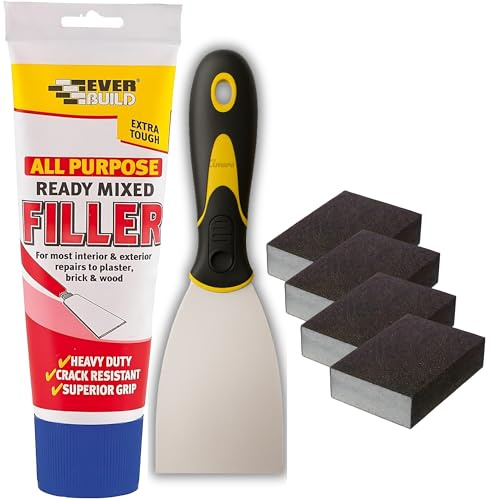 Wall Repair Bundle with All Purpose Filler 330g, 3inch Paint Scraper & 4pc Sanding Block – Wall Filler Ready Mixed for Holes, Ready Mixed Plaster, White Wood Repair Paste, Exterior Masonry Solution
