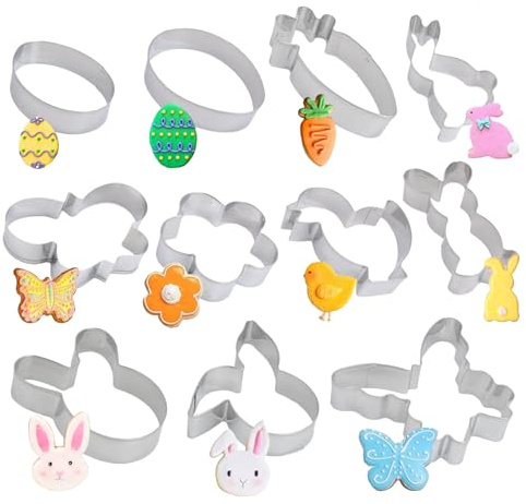 11Pcs Stainless Steel Cookie Cutters, Pastry Moulds for Holiday Baking Biscuits Cakes Pies Candy and Chocolate, Includes Rabbit Carrot Egg Chick Butterfly and Flower