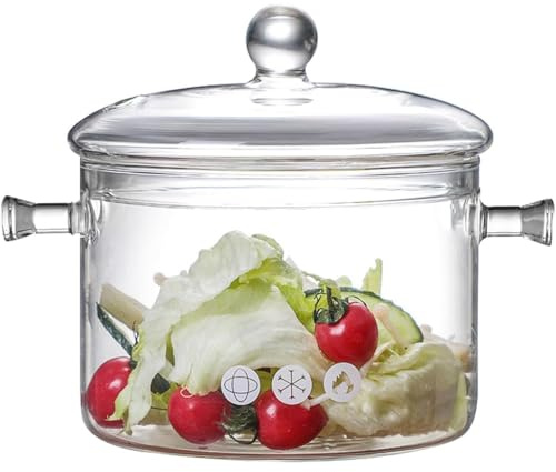 Glass Cooking Pots with Lids, 1900ml Heat-Resistant Borosilicate Glass Cooking Pan, Transparent Saucepan Stockpot with lid and Double Handles for Cooking, Melting Chocolate, Making Sauces