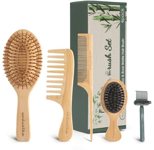 Bamboo Hair Brush Set – Mother’s Day Gift, Bamboo Comb Set for Hair Growth, Paddle Detangling Hairbrush, Wide Tooth & Tail Tooth Comb and Mini Boar Bristle Travel Hairbrush, Brush Cleaner Included