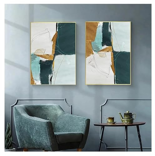 Set di 2-Immagini d'arte-Quadri su Tela Astratti Con Linee In Lamina D'Oro Stampe Moderne e Colorate Quadri da Parete Soggiorno Camera da Letto Decorazione la Casa-60*70Cm/24*27Inch (Senza Telaio)