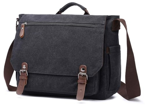 Presenning vattentät unisex vintage canvas äkta läder messenger väska resor portfölj crossbody axelväska, Svart 2, Talla única