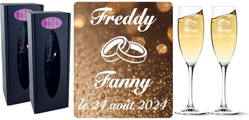 Gravure Events 2 Flûtes à Champagne Gravées en Verre Modèle Alliances avec 2 Boîtes Cadeaux - Cadeau de Mariage pour les Mariés : Repas, Invité au Vin d'Honneur, Anniversaire - Capacité 17cl