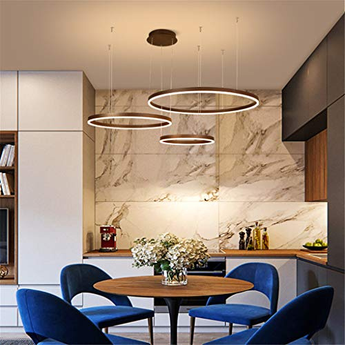 LED Pendelleuchte Esstischlampe Pendellampe Wohnzimmerlampe Dimmbar Mit Fernbedienung Hängelampe Modern Kronleuchter Rund Ring Leuchten Aluminium Acryl Deckenleuchte 90W Braun 3laps 40+60+80cm