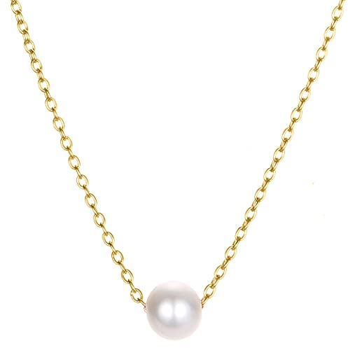 BONNYBIRD® Kette mit Perle Gold Damen Edelstahl Halskette mit Schwebendem Perlenanhänger Frauen Schmuck Wasserfest Vergoldet Goldkette Sommer Goldschmuck Pearl Boho