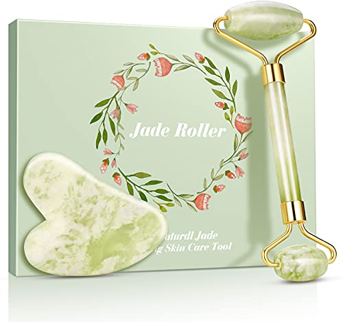 Jade Roller Massage Tool, Anti-Aging Natural Facial Jade Stone Kit, Anti Aging Face Massager Kit for Face, Chin, Double Neck