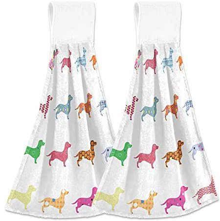 Hängend Hand Handtücher Küche Farbe Hunds Dachshund Krawatte Handtuch Saugfähig Sanft Koralle Samt Gericht Gericht Wischen Stoff mit Schleife für Bad Waschlappen Zuhause Dekor, 2er Pack