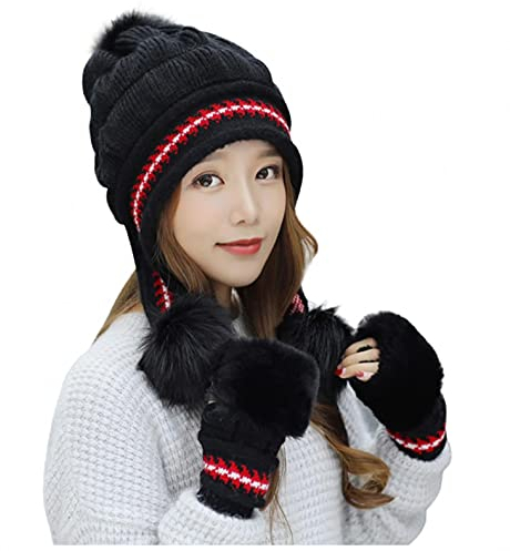 Zhiyao Warm Beanie Mütze Gestreifte Damen 2-teiliges Strickmütze gefüttert Wintermütze Strick Beanie Winter Wollmützen Modisch Baskenmützen(1 *Hut +2* Handschuhe)