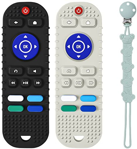 HOTUT Baby Fernbedienung Beißring,2 Stück baby fernbedienung mit 1 schnullerkette silikon,BPA-frei Silikon Zahnungshilfe,Babyspielzeug ab 3 Monate