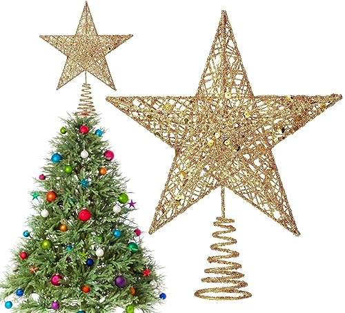 Punta di Albero di Natale in Metallo, Punta di Albero in Metallo a Forma di Stella, Punta di Albero Glitterata, Lampada per Corona di Albero, Decorazione Natalizia, 20 cm, Oro