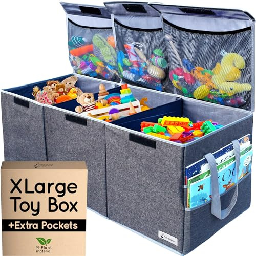 Pandabode Extra Large Toy Box - Big Sturdy Collapsible Chest - Toy Storage Organizer with Pockets - for Living Room or Kids bedroom- 36 x 16 x 12 in - Grey