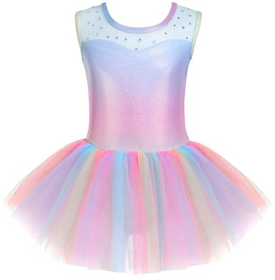 Zaclotre Girls Dance Leotards Sparkly Sleevesless Mesh Ballet Tutu Dress Ballerina Outfits,Shiny Rainbow,6-7 Years