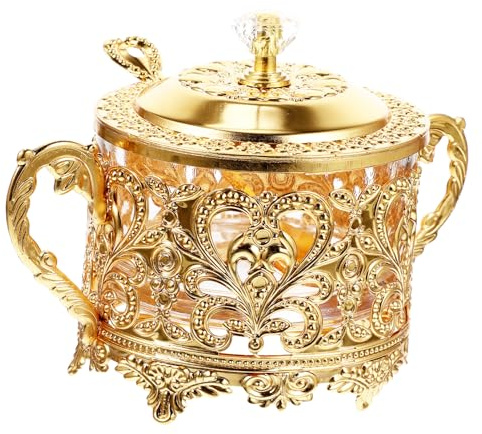 Garneck Glass Turkish Sugar Bowl Condiment Pot Vintage Kitchen Food Canister Spice Storage Jar Seasoning Containers with Lid and Spoon for Candy Cookie Honey Golden