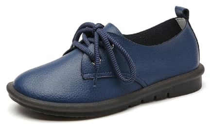 Mocasines Casual para Mujer de Cuero, Zapatos Plano con Cordones, Zapatos Transpirables Cómodo y Suela Suave, Talla 35-44(Azul Oscuro-42)